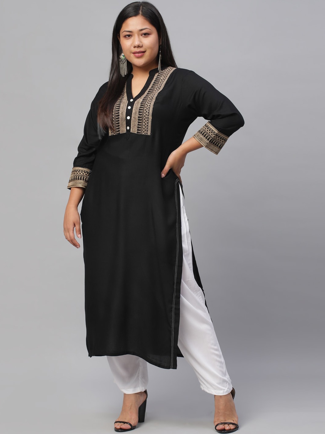 EXTRA LOVE BY LIBAS Plus Size Women Black & Gold-Toned Yoke Design Thread Work Kurta
EXTRA LOVE BY LIBAS Plus Size Women Black & Gold-Toned Yoke Design Thread Work Kurta
