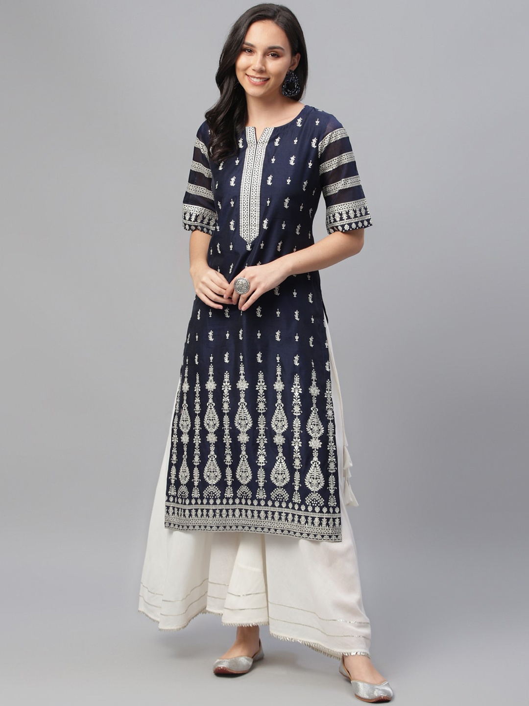 Libas Women Navy Blue & Silver Floral Print Straight Kurta