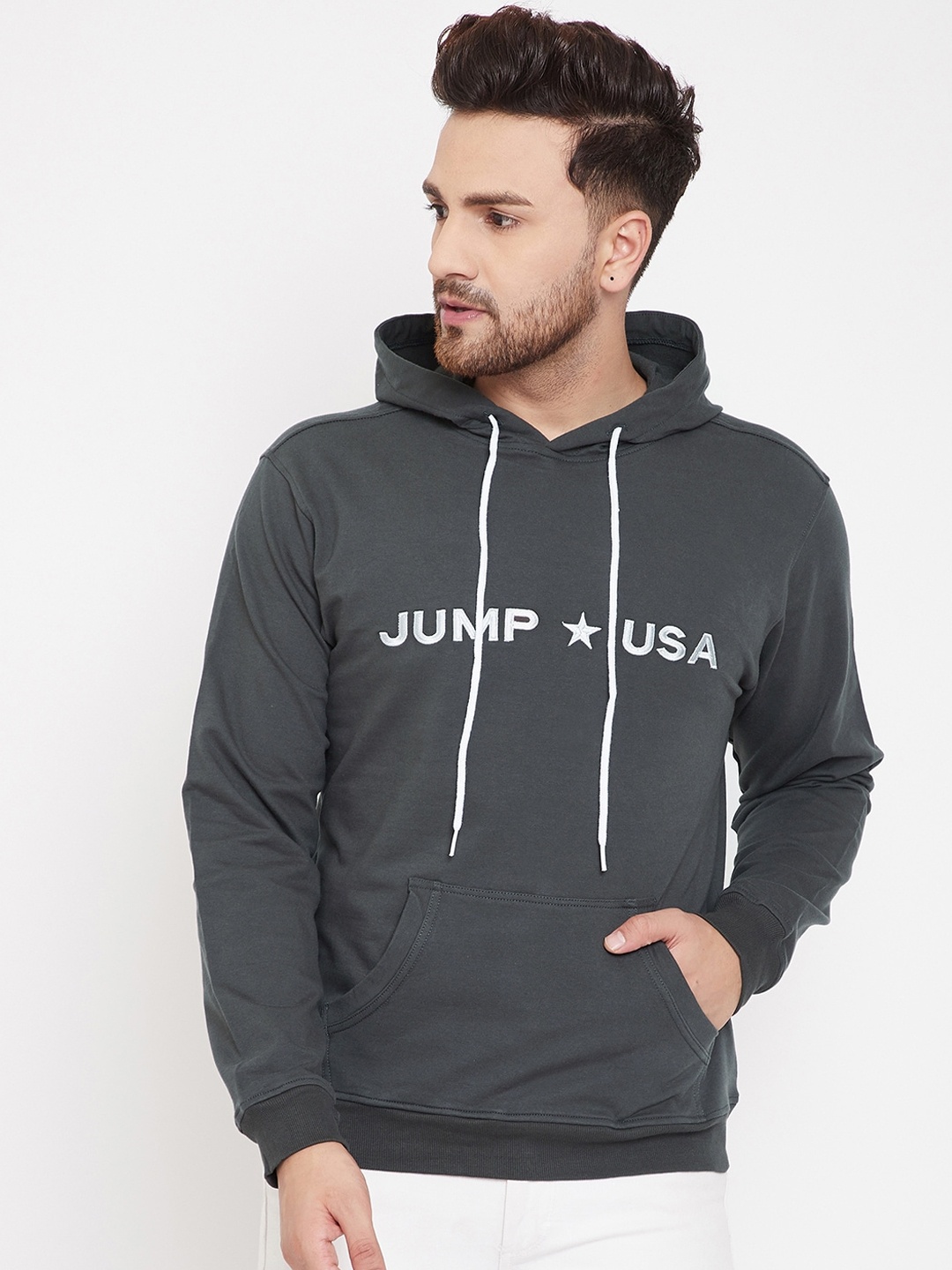 JUMP USA Men Charcoal Grey Printed Hooded Sweatshirt