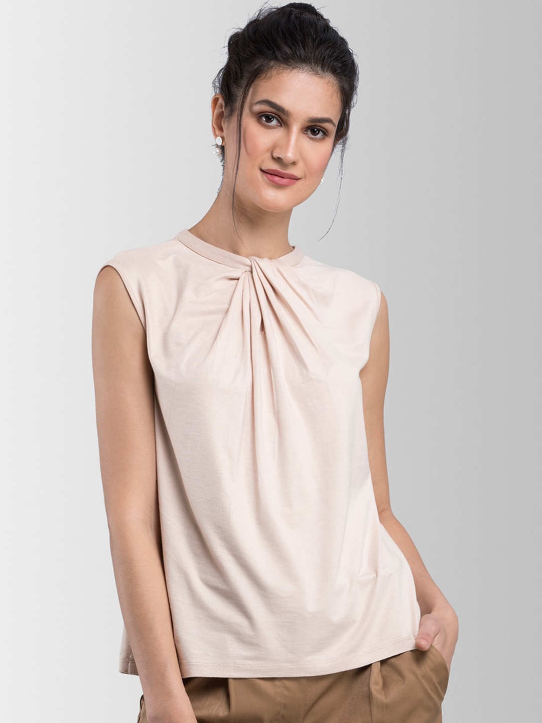 FableStreet Women Nude-Coloured Solid Round Neck T-shirt