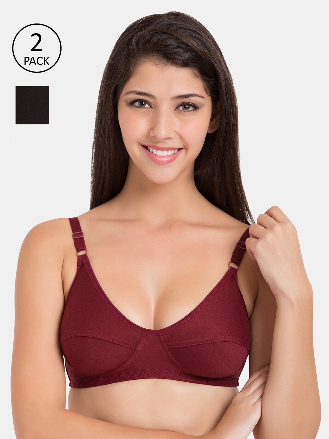 Souminie Set Of 2 Maroon & Black Solid Non-Wired Non Padded Everyday Bra SLY-935-MR-2PC