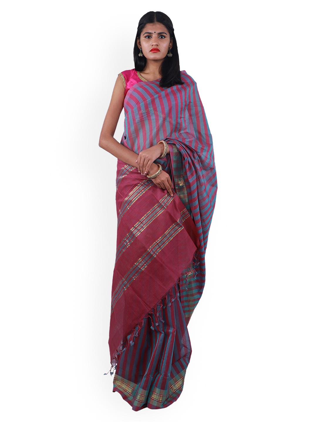 APCO Maroon & Blue Pure Cotton Striped Sustainable Saree