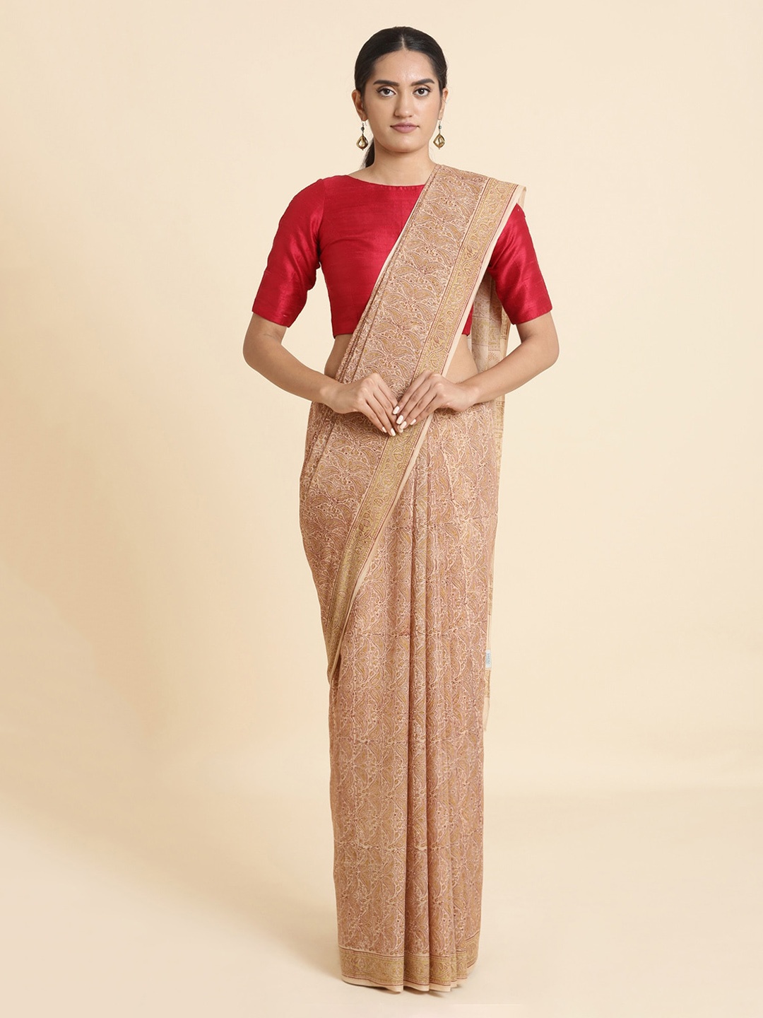 Taneira Cream-Coloured & Beige Pure Cotton Hand Block Printed Machilipatnam Saree