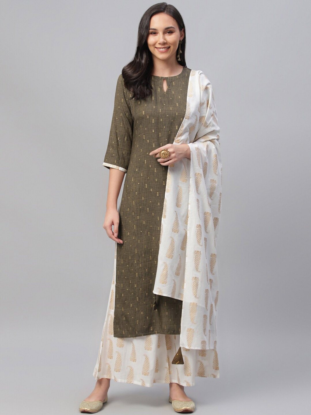Libas Women Olive Green & White Printed Kurta with Palazzos & Dupatta
