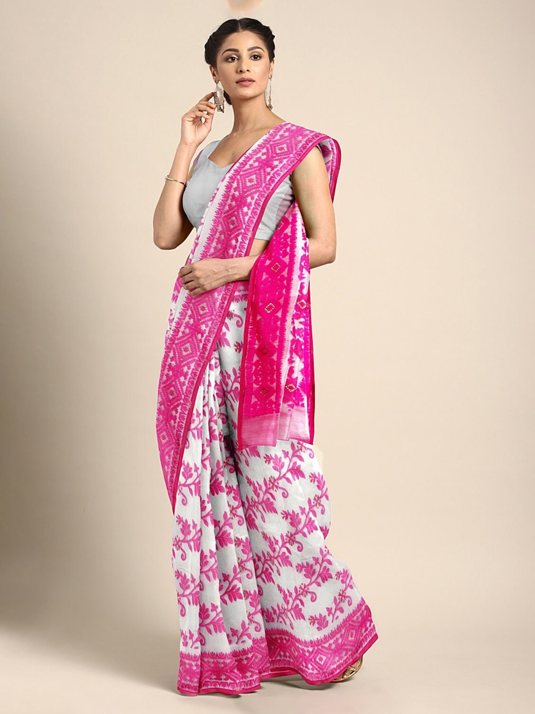 Mitera White & Pink Silk Cotton Woven Design Jamdani Saree
