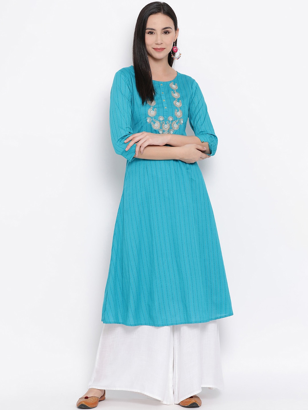 Span Women Turquoise Blue Yoke Design A-Line Kurta