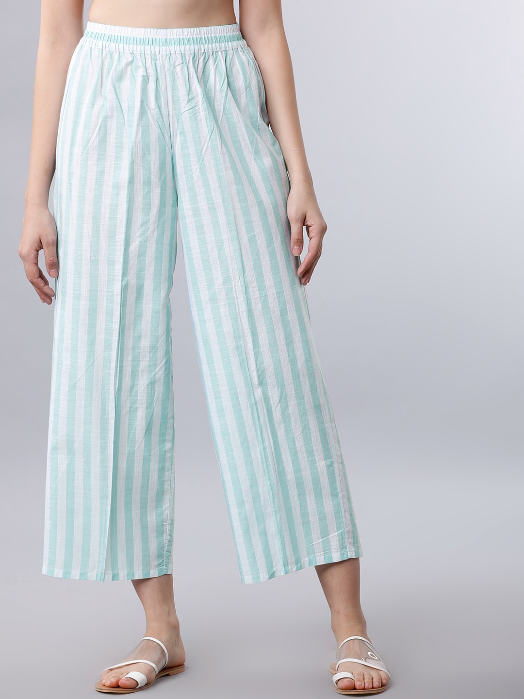 Vishudh Women Green & White Yarn Dyed Striped Straight Palazzos