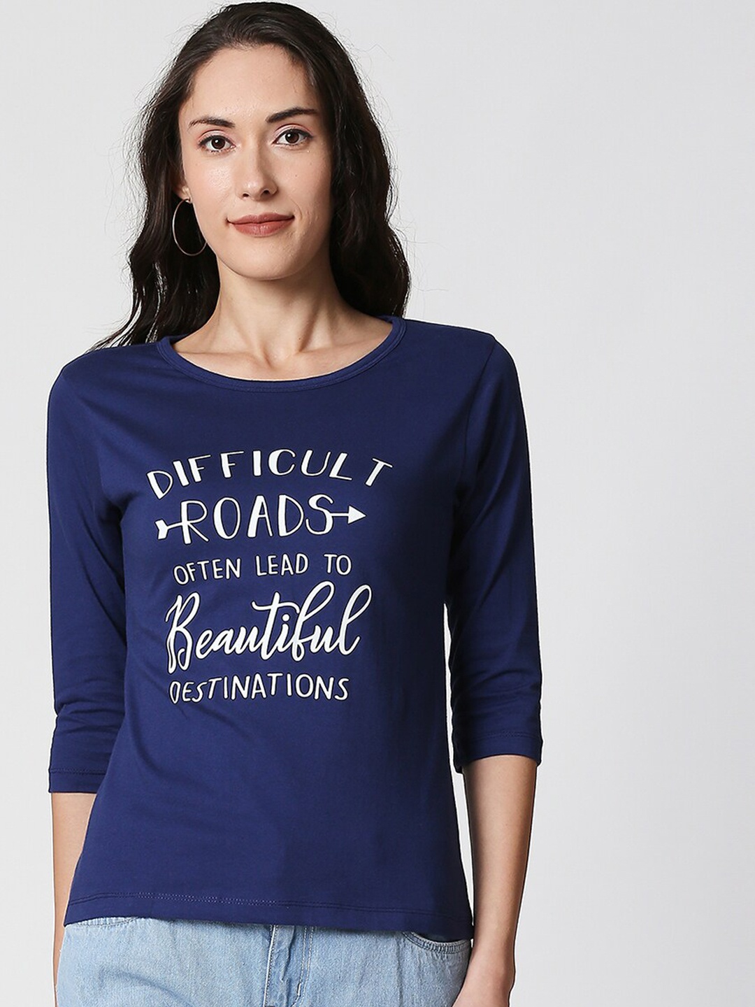 Bewakoof Women Blue Printed Round Neck Pure Cotton T-shirt