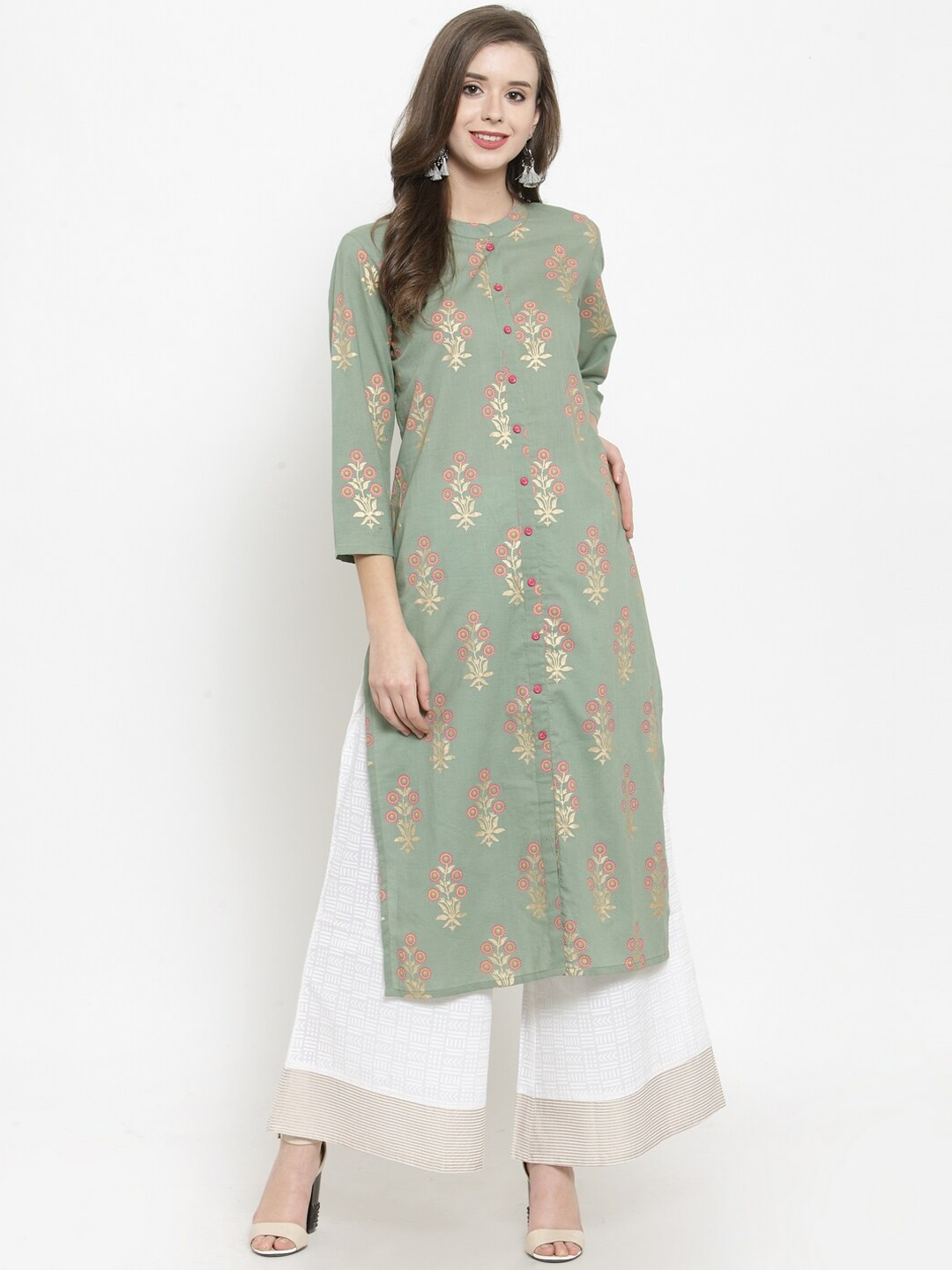 KSUT Women Green & White Printed Kurta with Palazzos