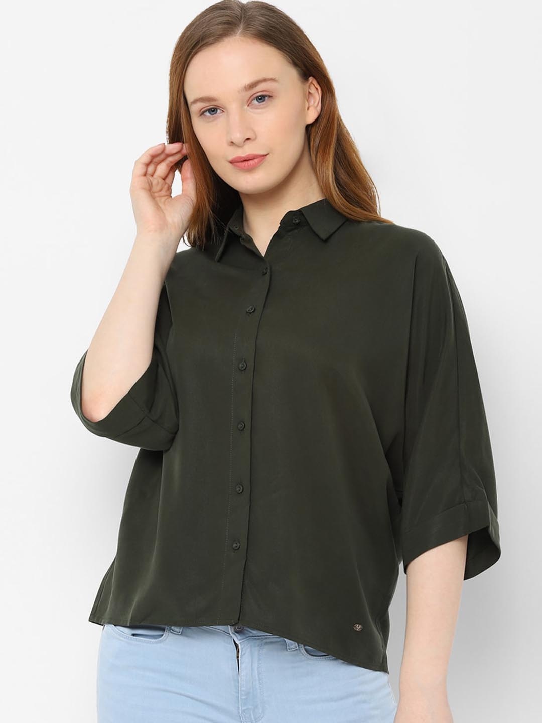 Allen Solly Woman Women Green Regular Fit Solid Casual Shirt