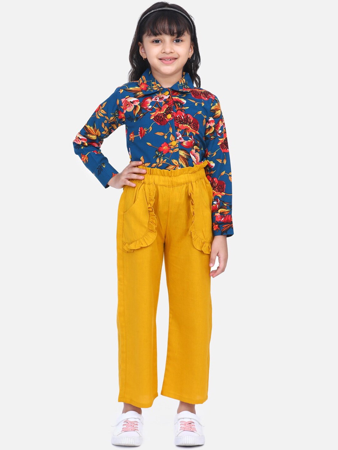Cutiekins Girls Teal Blue & Mustard Yellow Floral Print Top with Palazzos