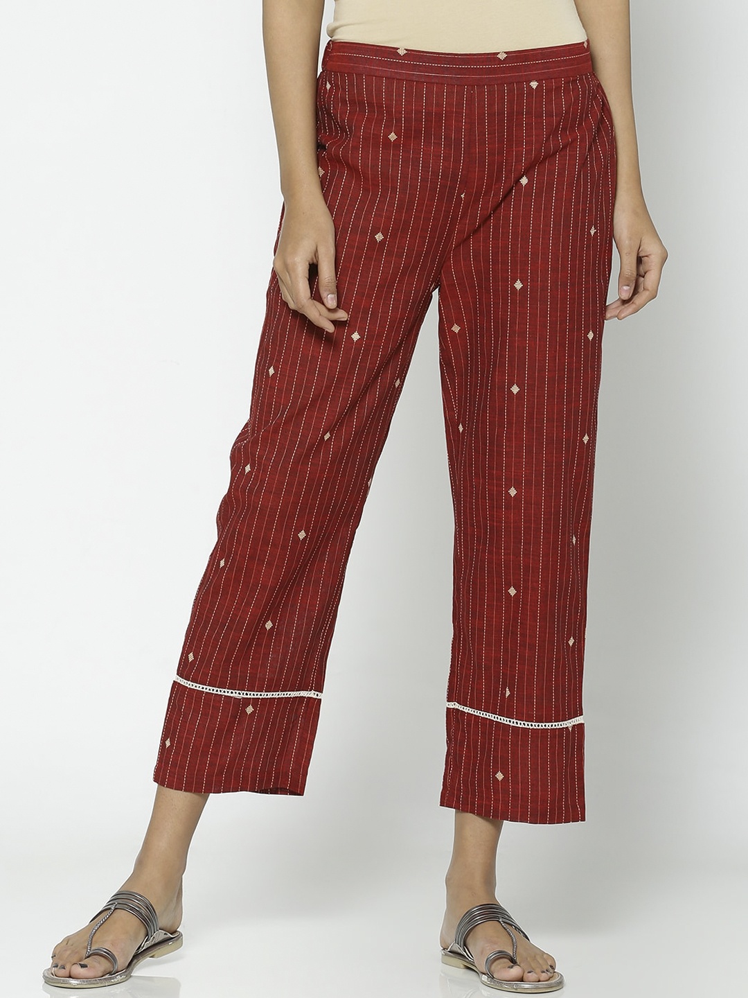 Saaki Women Maroon Striped Straight Palazzos