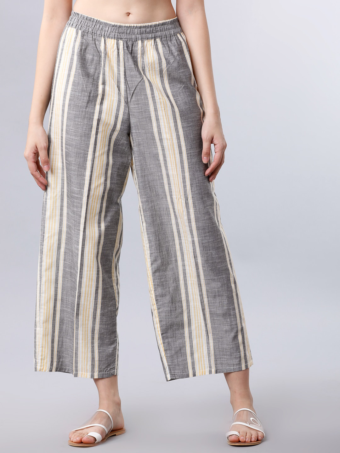 Vishudh Women Yellow & Grey Striped Straight Crop Palazzos
Vishudh Women Yellow & Grey Striped Straight Crop Palazzos