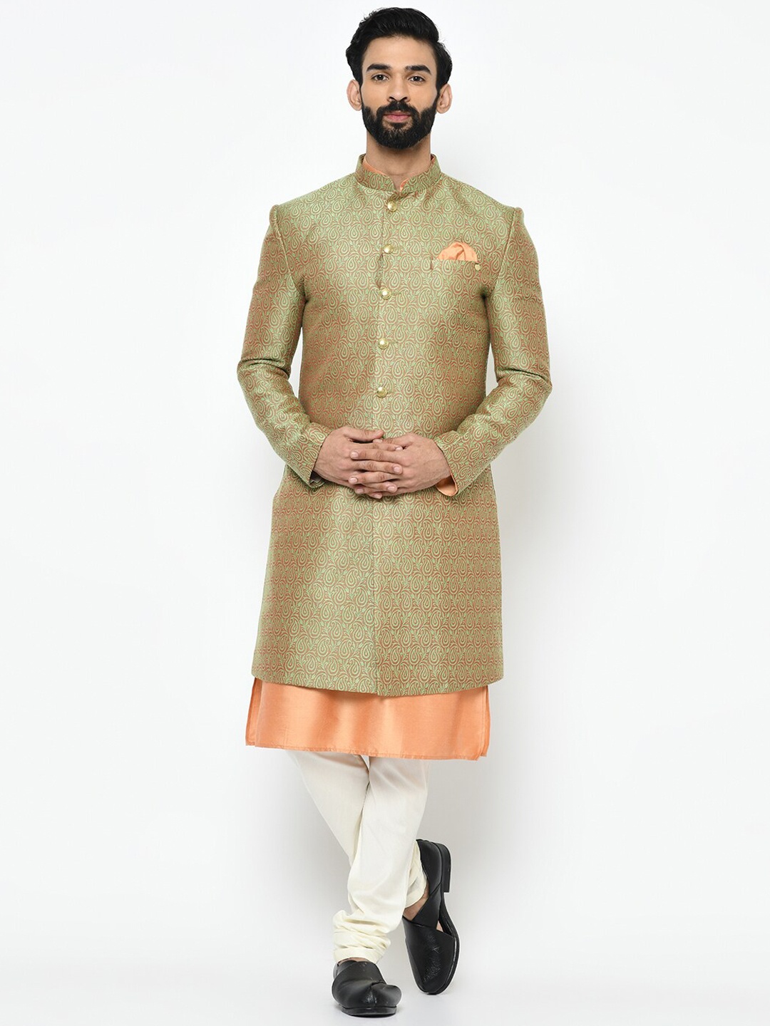 KISAH Men Green & White Kurta Sherwani Set