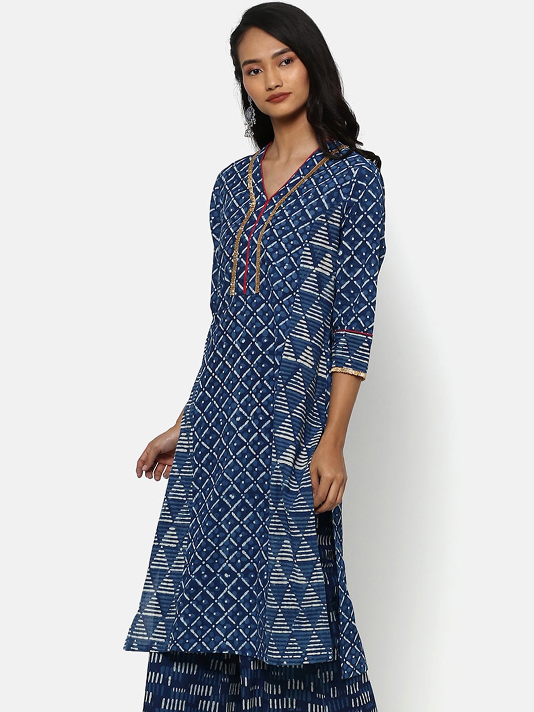 Saaki Women Navy Blue & White Printed A-Line Kurta