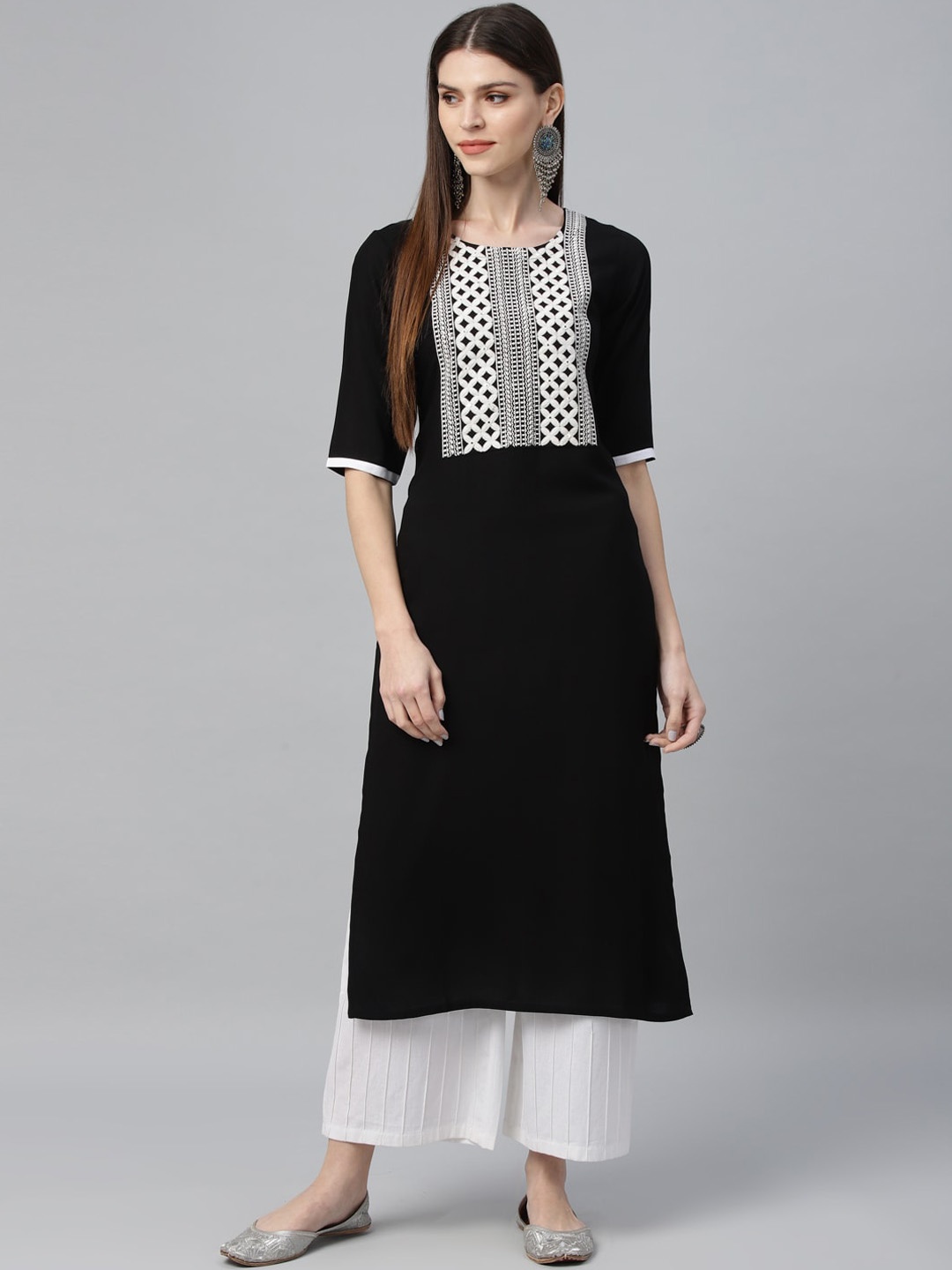 Libas Women Black & White Yoke Design A-Line Kurta