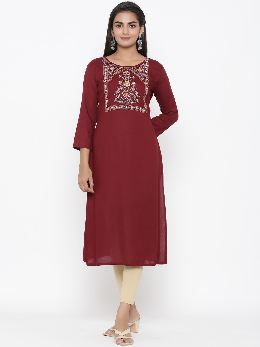 Yufta Women Maroon Yoke Design Straight Kurta
