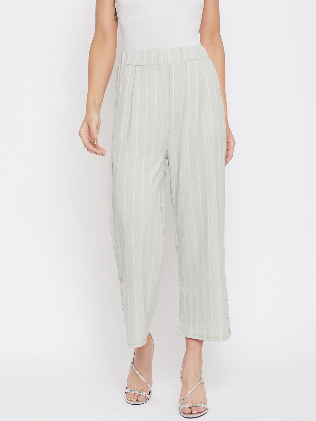 Crimsoune Club Women Grey Relaxed Regular Fit Striped Parallel Trousers