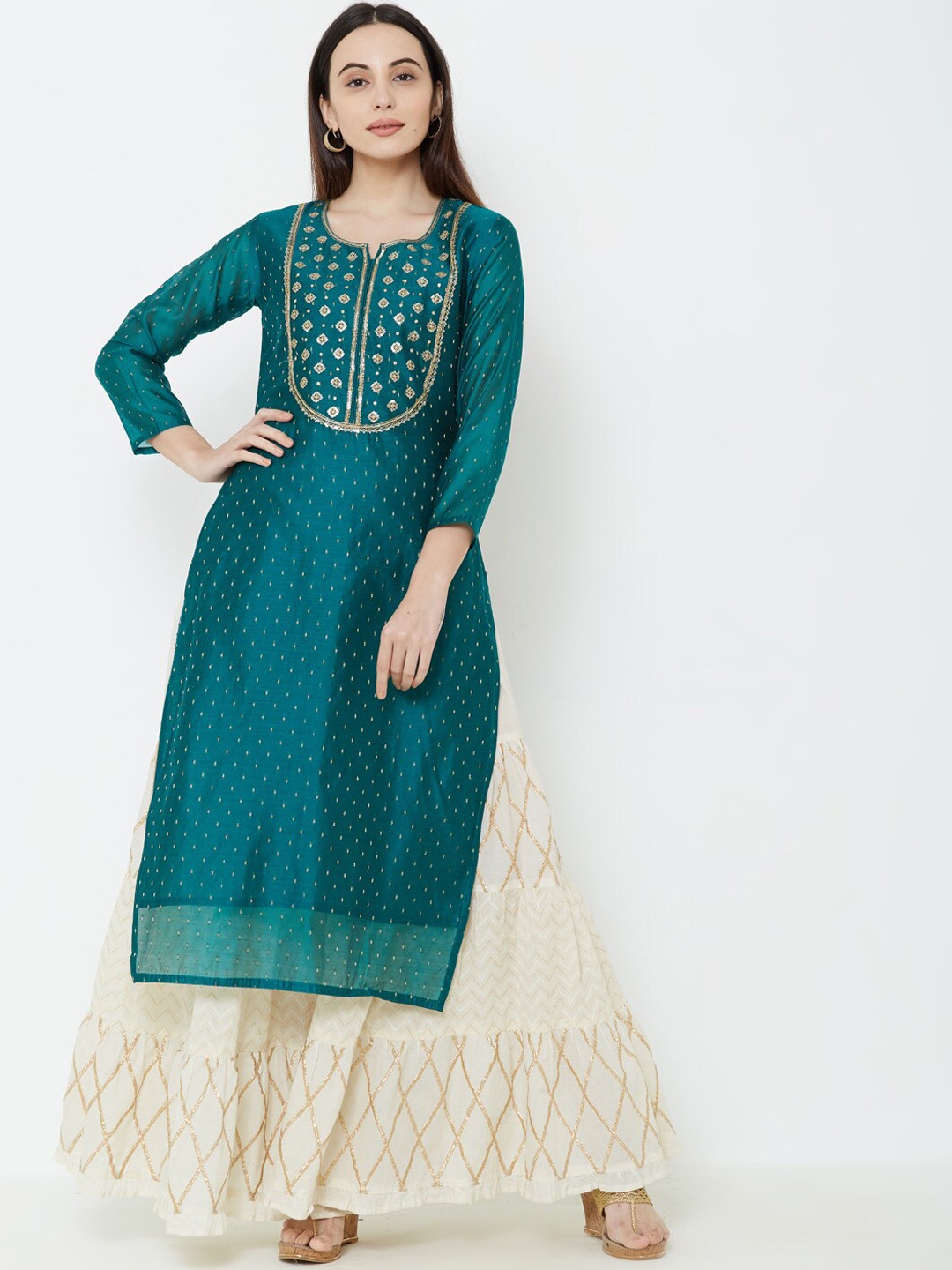 FASHOR Women Teal Green Embellished Straight Kurta