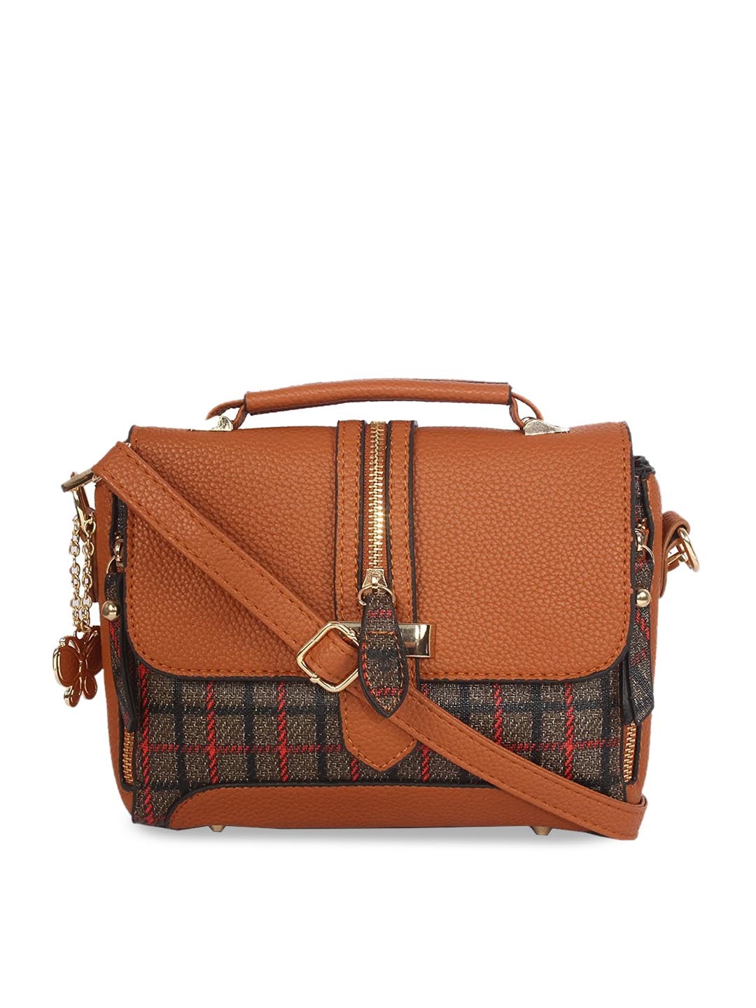 Butterflies Tan Brown Checked Satchel