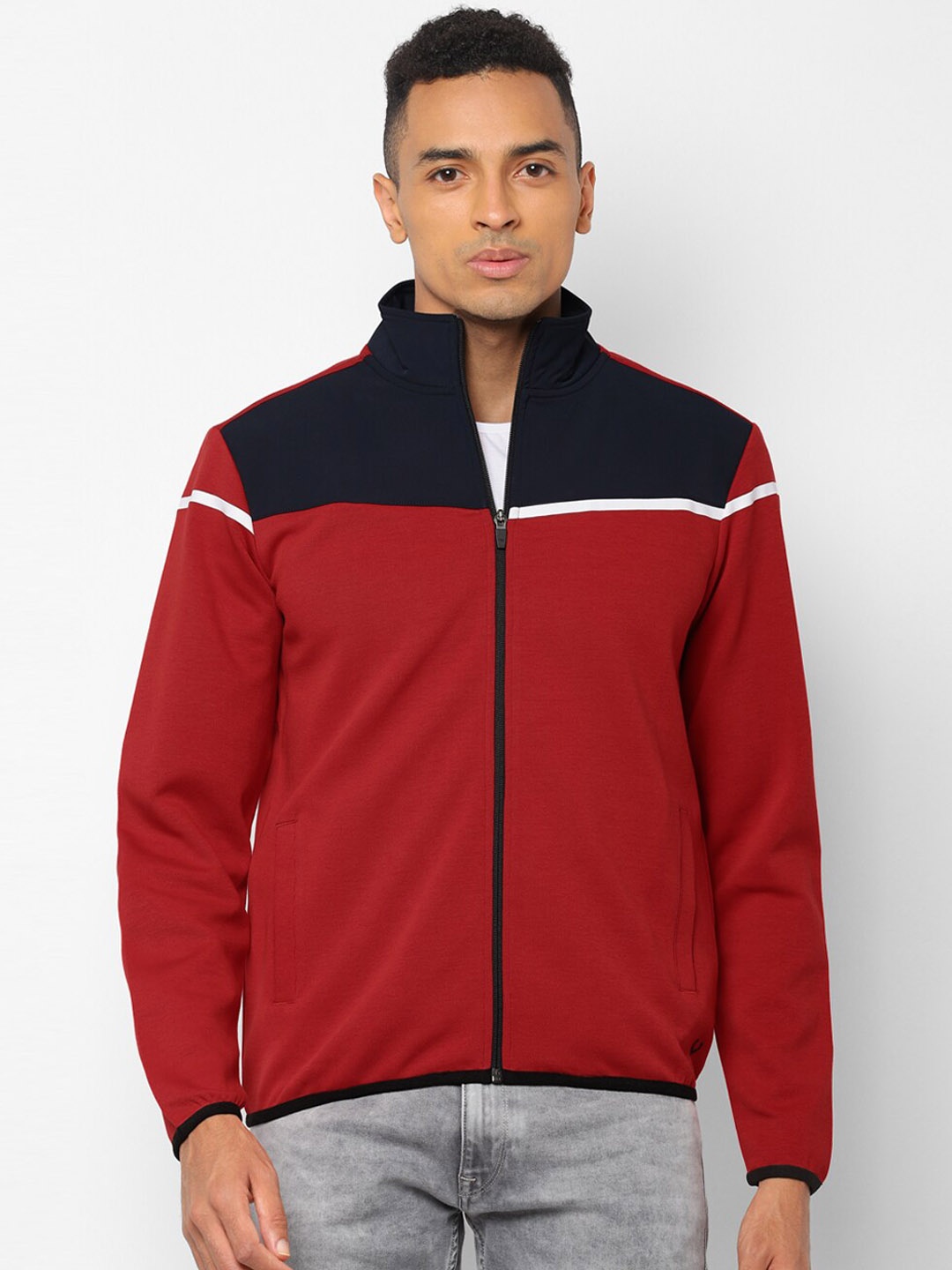 Allen Solly Sport Men Red & Navy Blue Colourblocked Sweatshirt