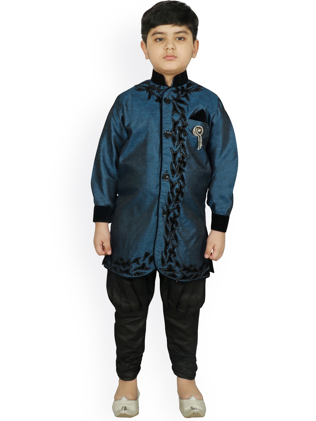SG YUVRAJ Boys Blue & Black Raw Silk Sherwani Set