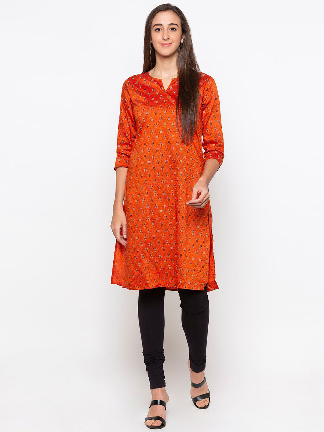 Globus Women Orange & Black Printed A-Line Kurta 
Globus Women Orange & Black Printed A-Line Kurta
