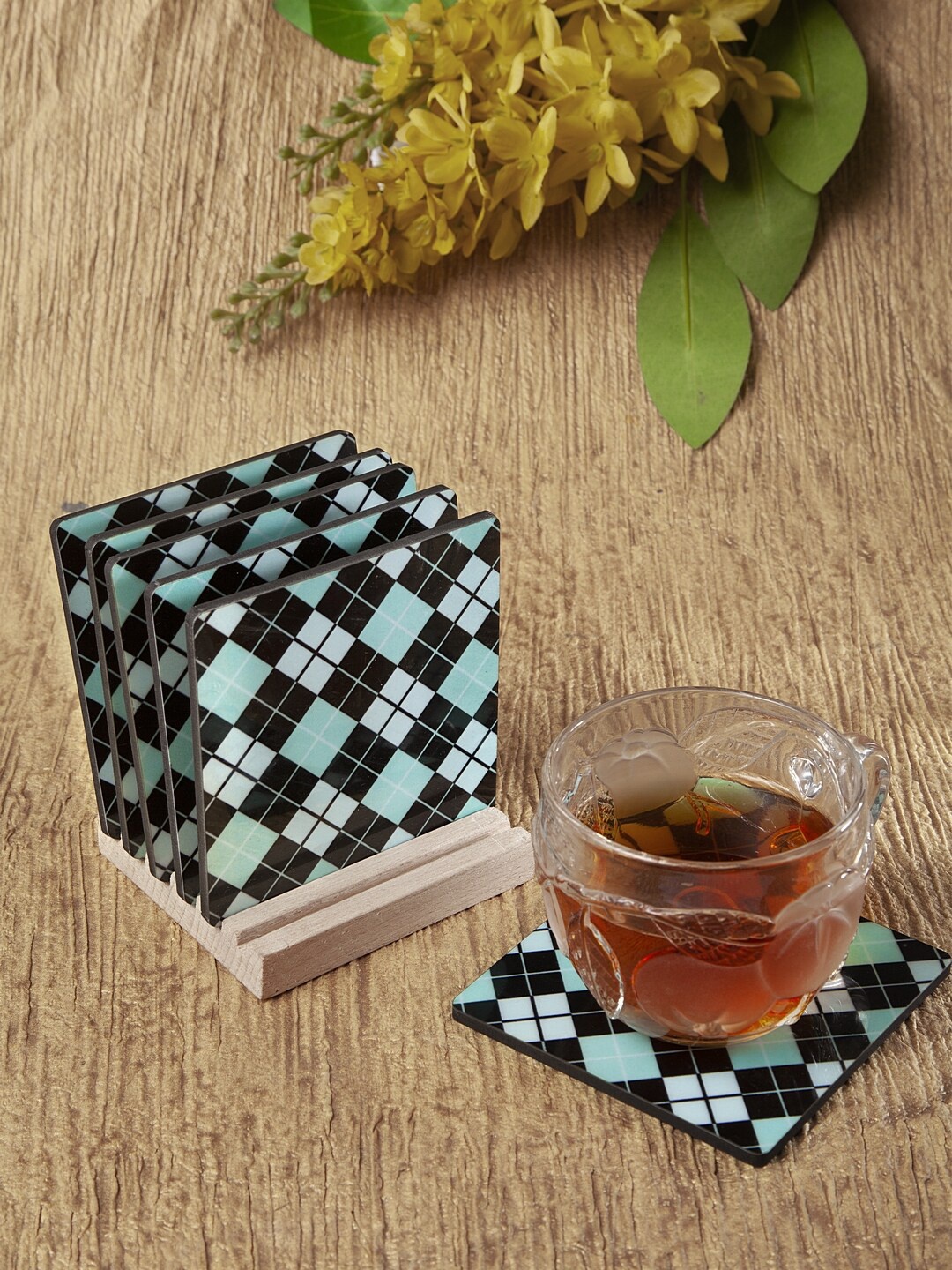 Alina decor Set of 4 Sea Green & Black Digital Printed Wooden Coasters With Stand