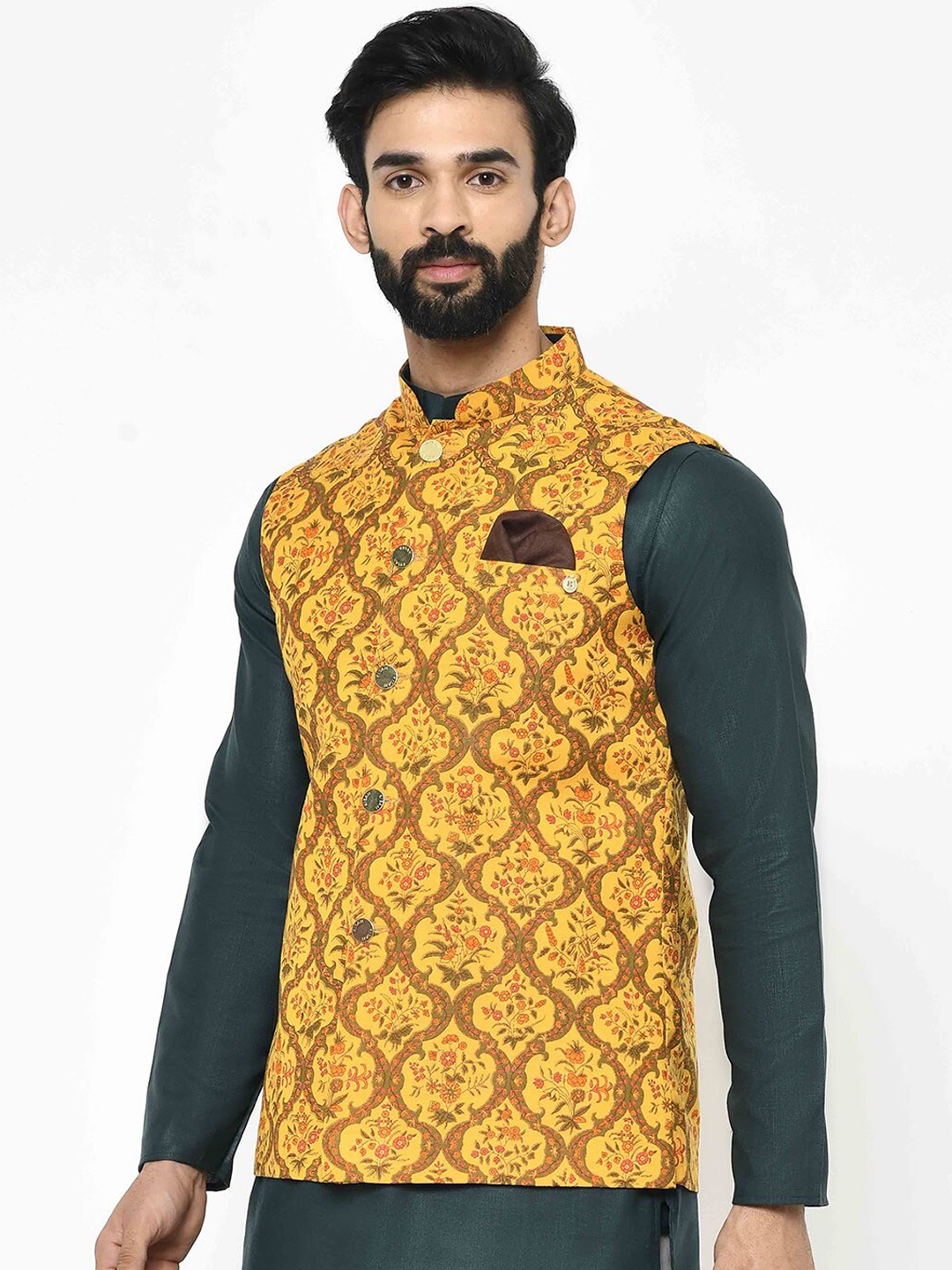 KISAH Men Mustard Yellow & Green Printed Nehru Jacket