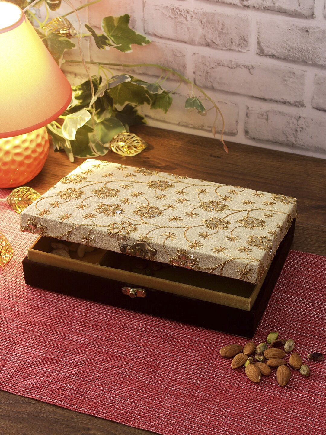 Aapno Rajasthan Beige & Gold-Toned Embroidered Wood Multipurpose Box