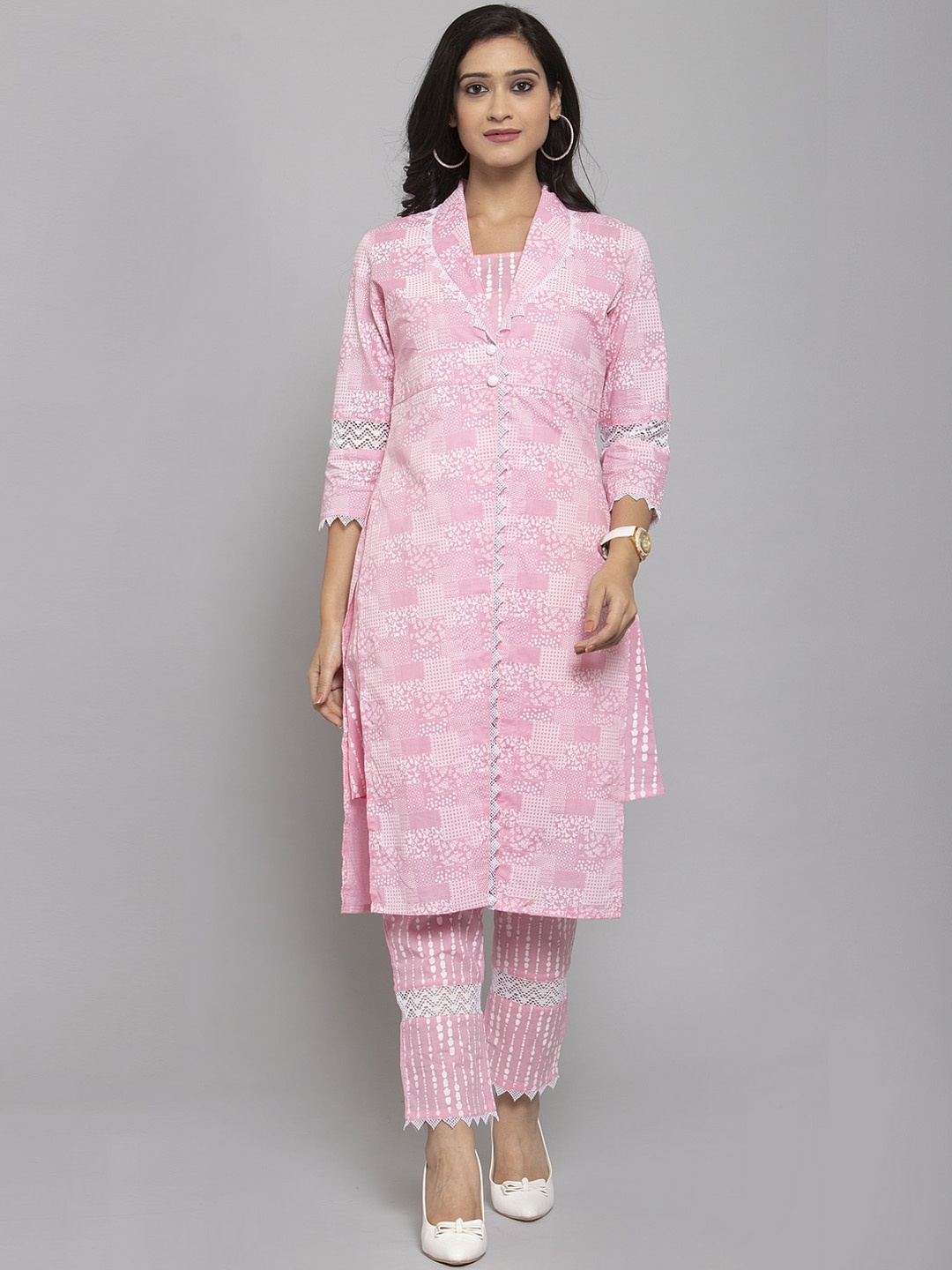 Get Glamr Women Pink & White Printed Kurta with Trousers