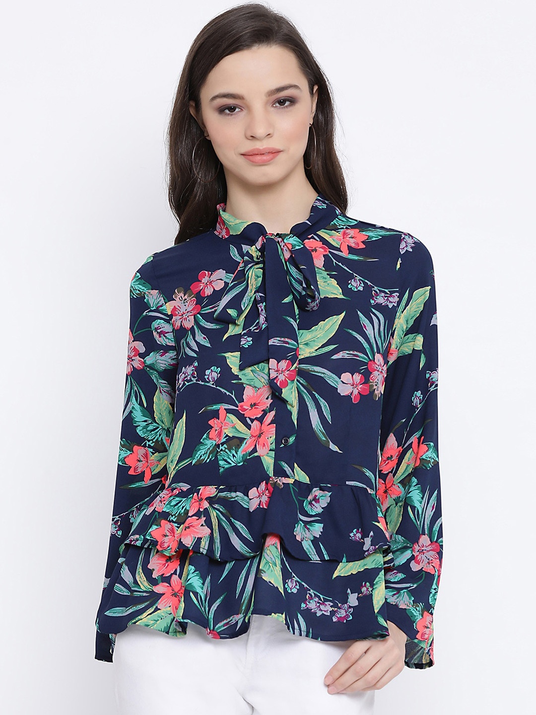 Oxolloxo Women Navy Blue Floral Printed Shirt Style Top