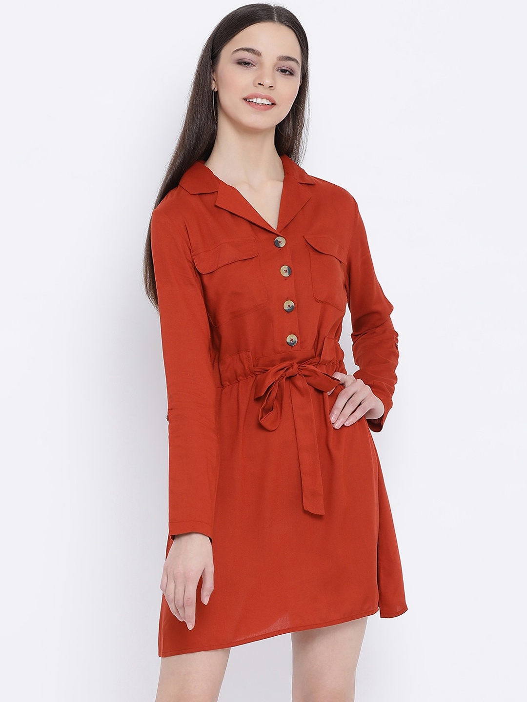 Oxolloxo Women Rust Orange Solid Shirt Dress