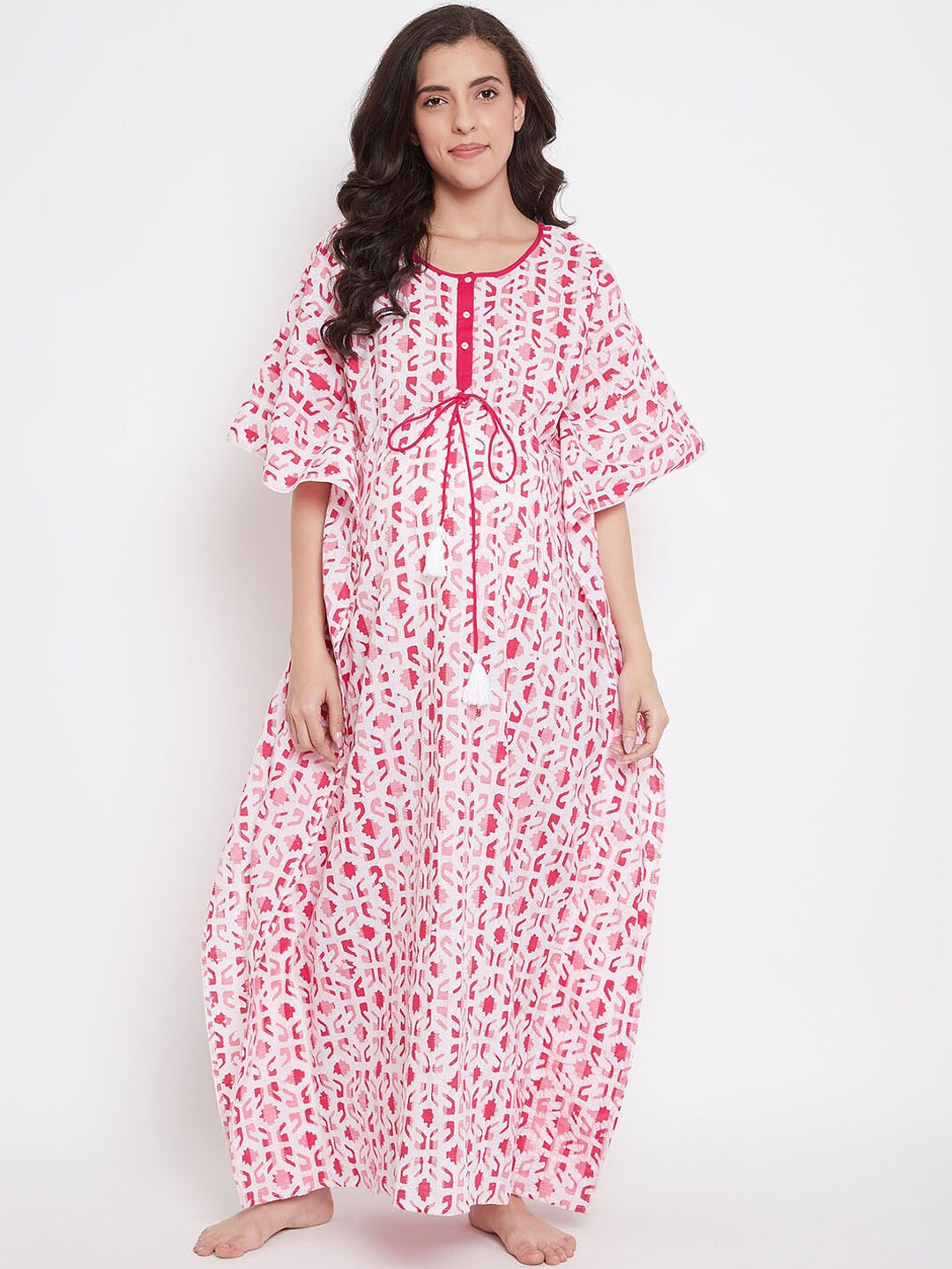 The Kaftan Company Pink & White Batik Hand Block Print Maternity Nightdress