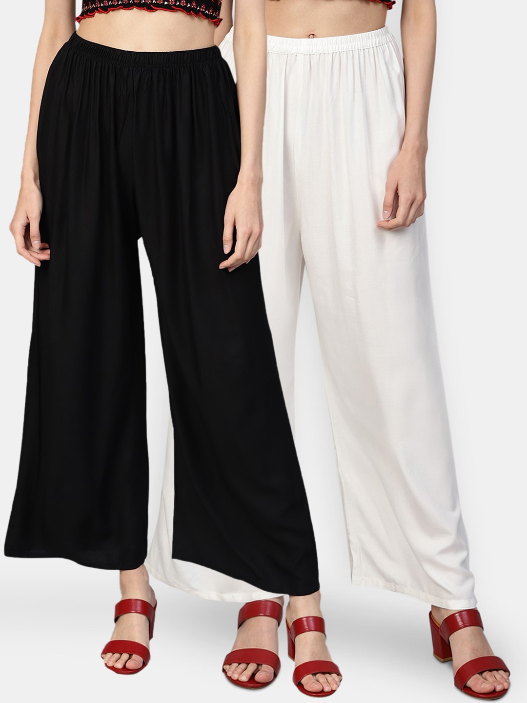 Jompers Women Pack Of 2 Solid Wide Leg Palazzos, Black