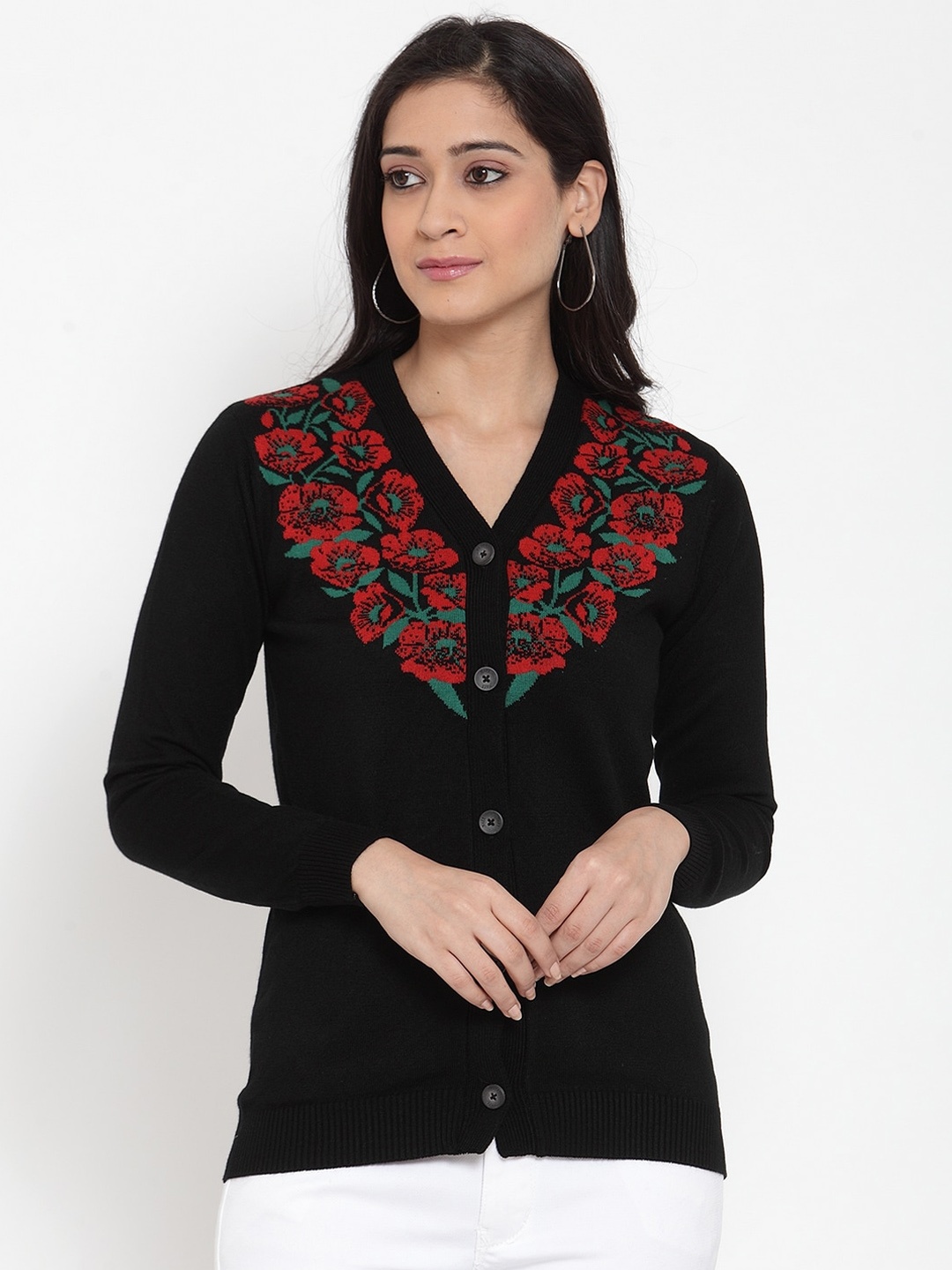 Kalt Women Black Self Design Cardigan Sweater