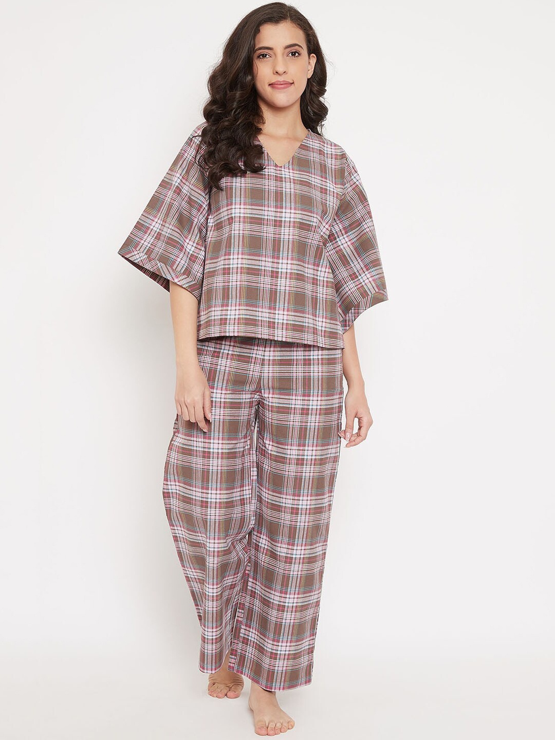 The Kaftan Company Women Brown & Off-White Checked Night suit