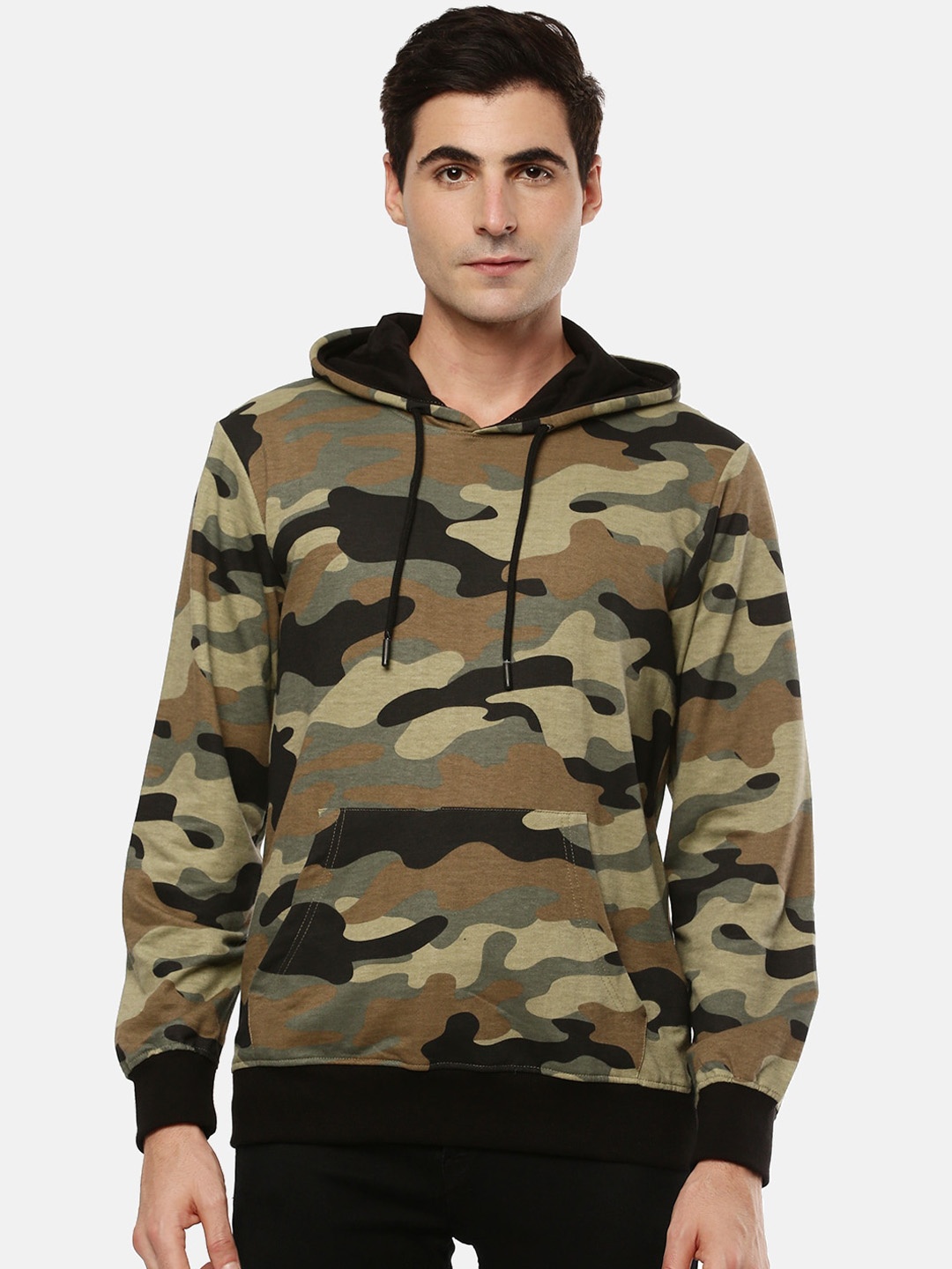 Chennis Men Olive Green & Black Camouflage Printed Hooded Sweatshirt