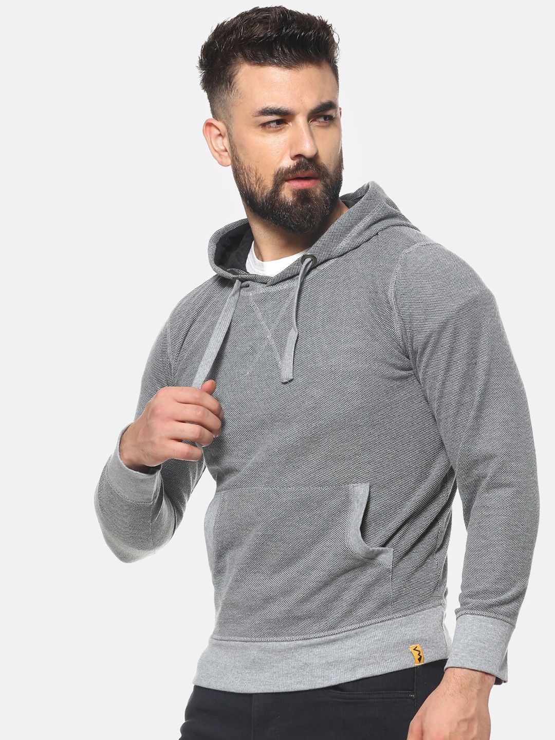 Campus Sutra Men Grey Solid Hooded Sweatshirt