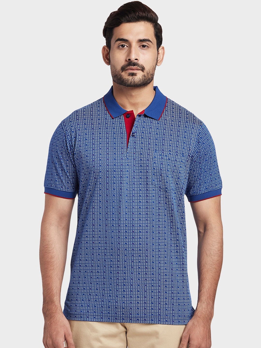 ColorPlus Men Blue & White Printed Polo Collar T-shirt