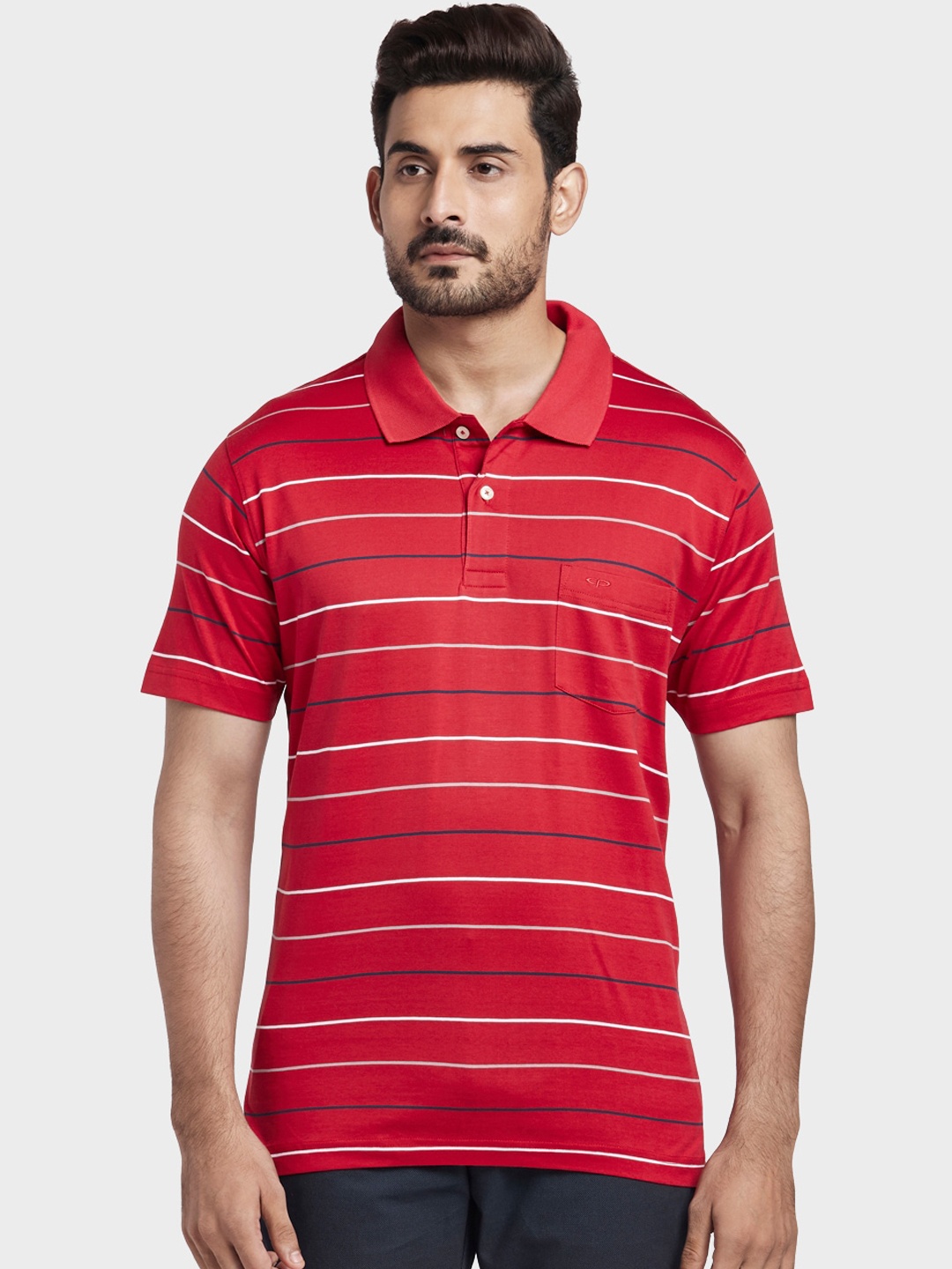 ColorPlus Men Red & White Striped Polo Collar T-shirt