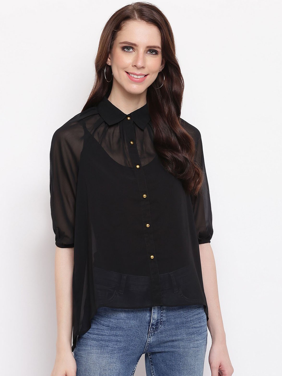 RIVI Women Black Solid Shirt Style Top
