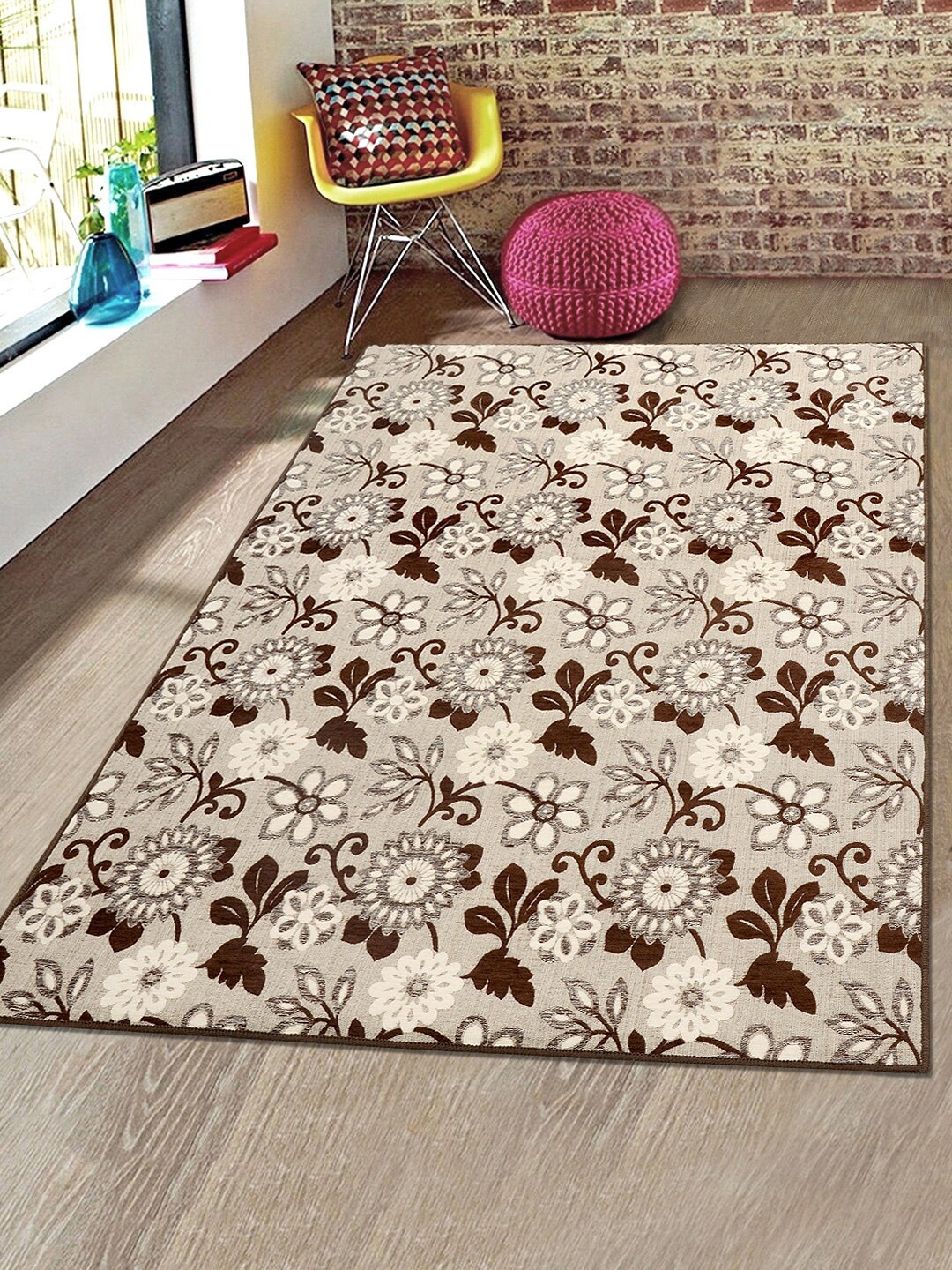 Saral Home Brown & Off-White Floral Printed Anti-Skid Carpet