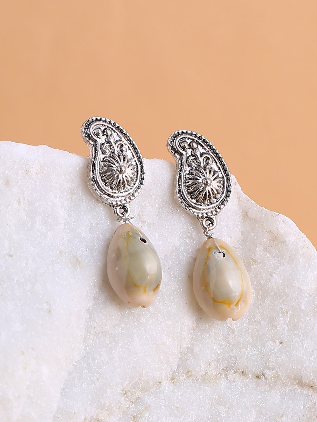 Shoshaa White & Silver-Plated Oxidised Paisley Shaped Drop Earrings