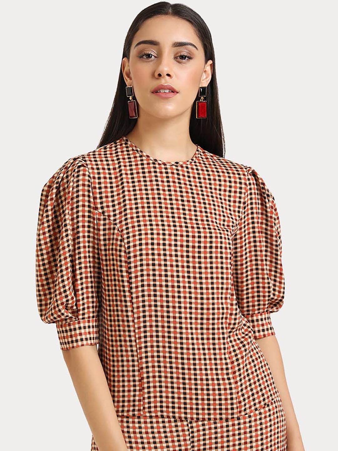 Kazo Women Beige Checked Top