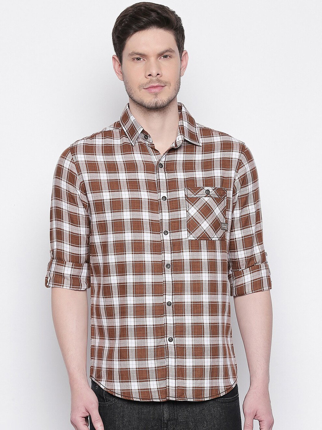 Mufti Men White & Brown Slim Fit Checked Casual Shirt