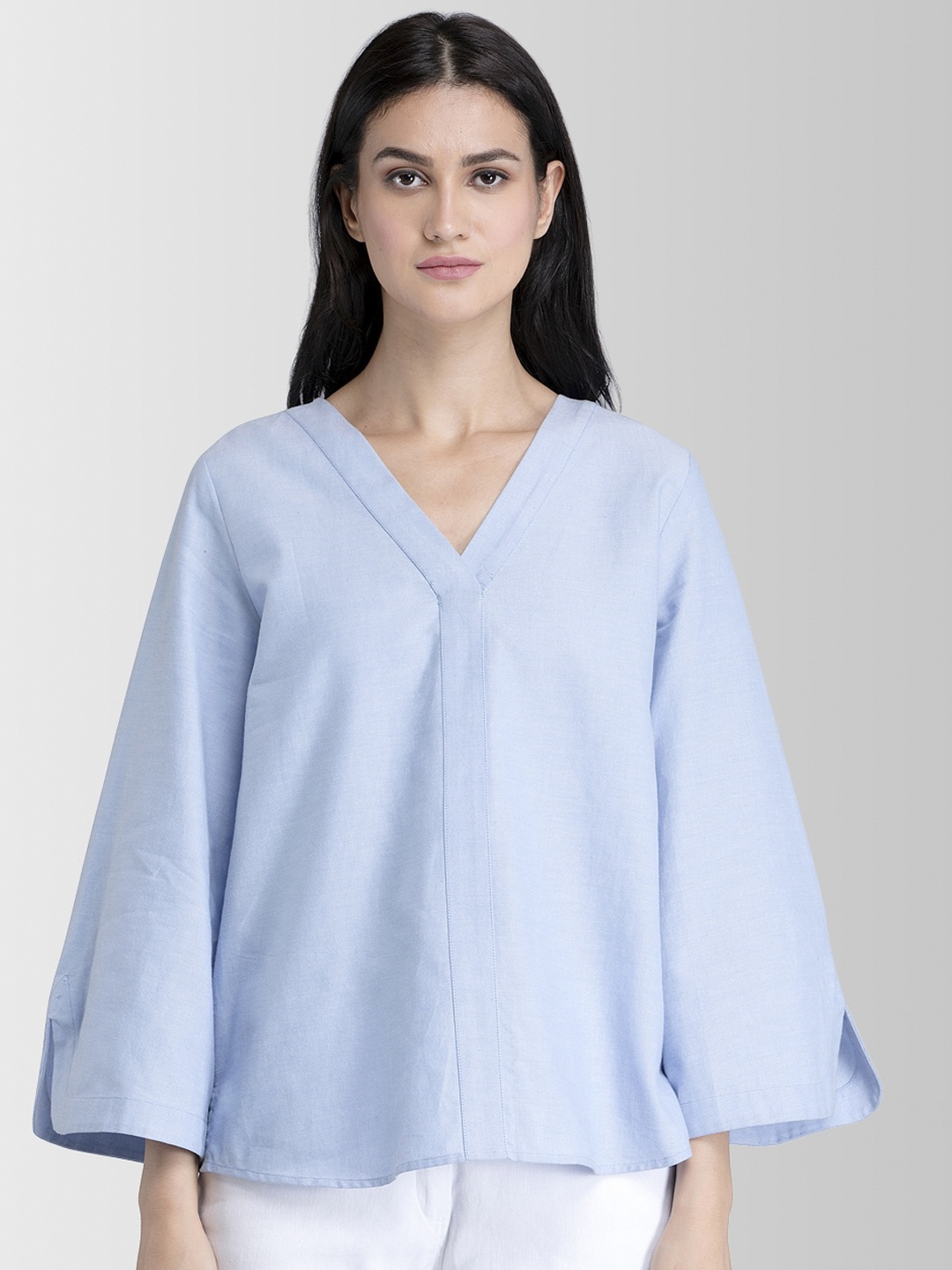 FableStreet Women Blue Solid Pure Cotton Top