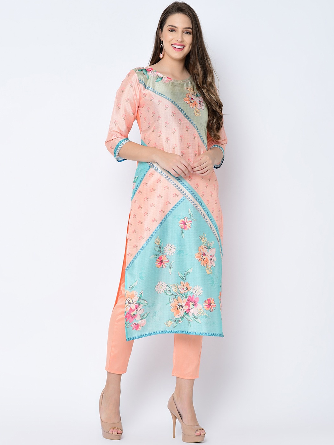 ZIYAA Women Peach-Coloured & Blue Colourblocked Straight Kurta