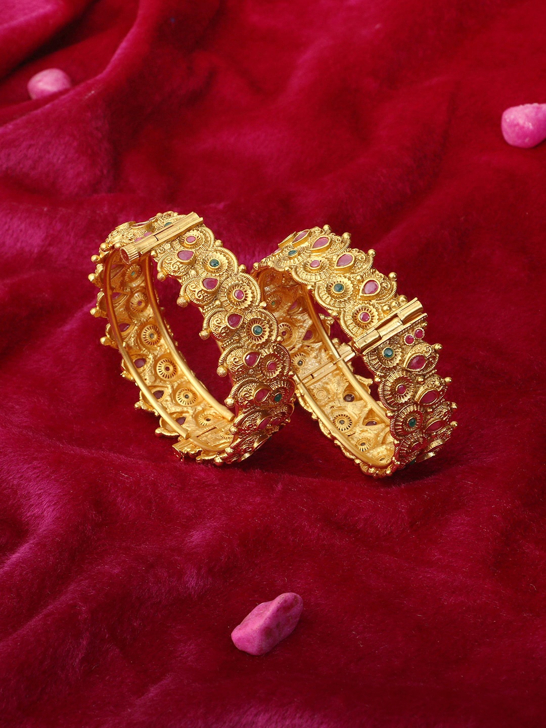 Adwitiya Collection Set Of 2 24 CT Gold-Plated Pink & Green Stone-Studded Handcrafted Bangles
Adwitiya Collection Set Of 2 24 CT Gold-Plated Pink & Green Stone-Studded Handcrafted Bangles