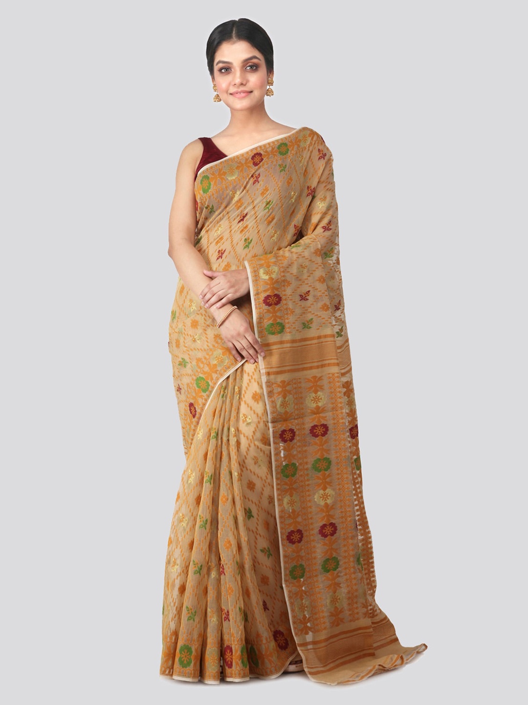 PinkLoom Beige & Yellow Pure Cotton Woven Design Handloom Jamdani Sustainable Saree